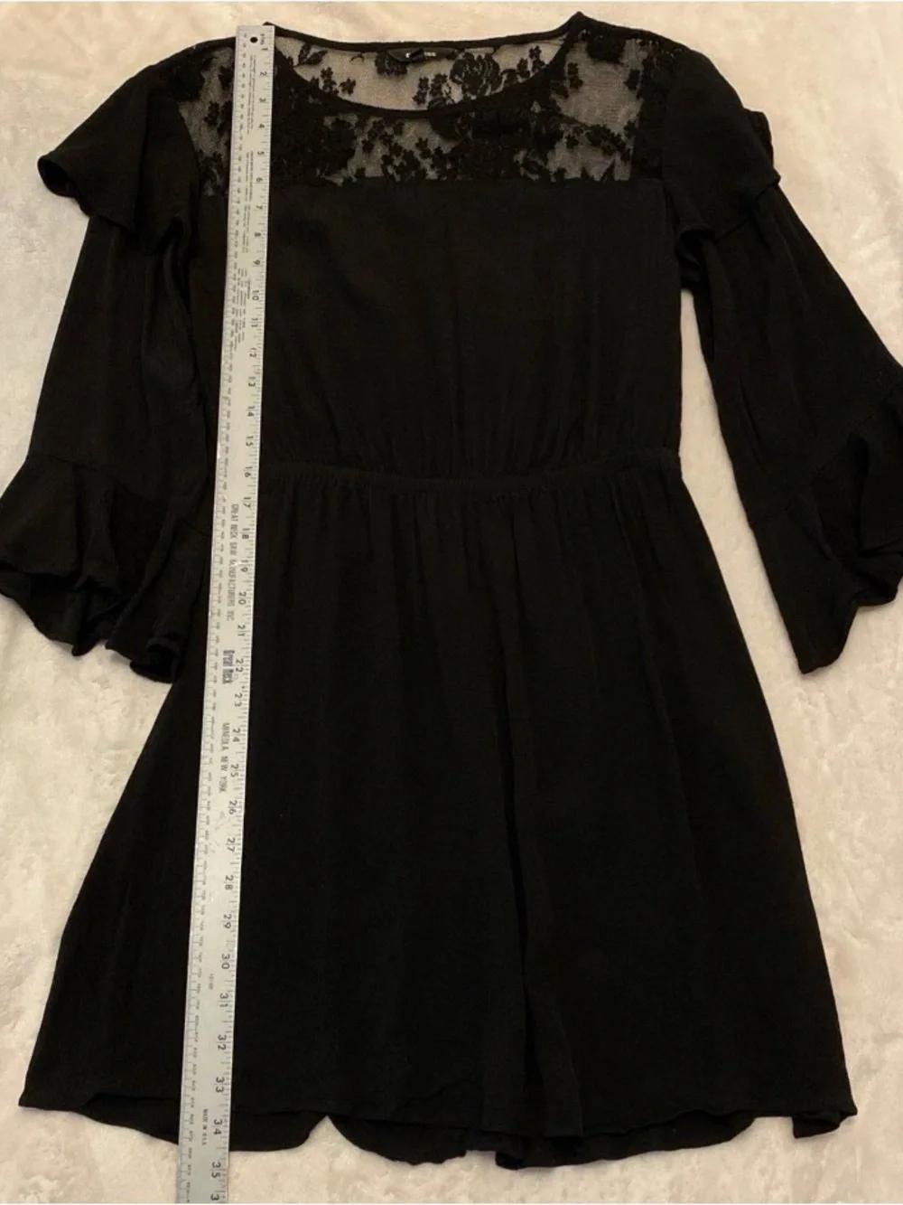 Express Black Floral Lace Yoke Dress with Flared Ruffle Sleeves